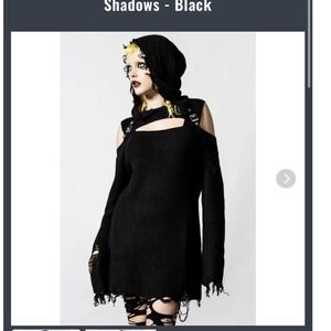 Killstar Sinister Shadows Black Distressed Hooded Knit Tunic Buckle Small